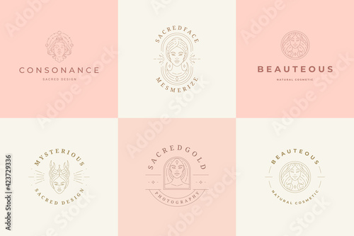 Feminine logos emblems design templates set with magic female portraits vector illustrations minimal linear style