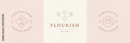 Feminine logos emblems design templates set with female hands gestures vector illustrations minimal line art style