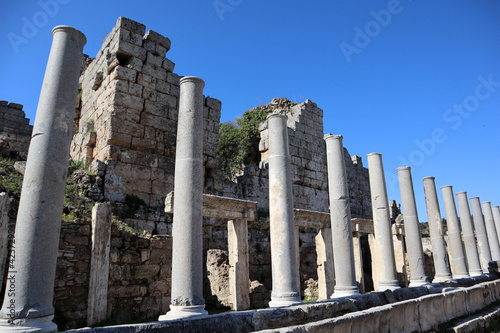 ruins of ancient gymnasium in archaeological site Perege, near Antalya, Turkey