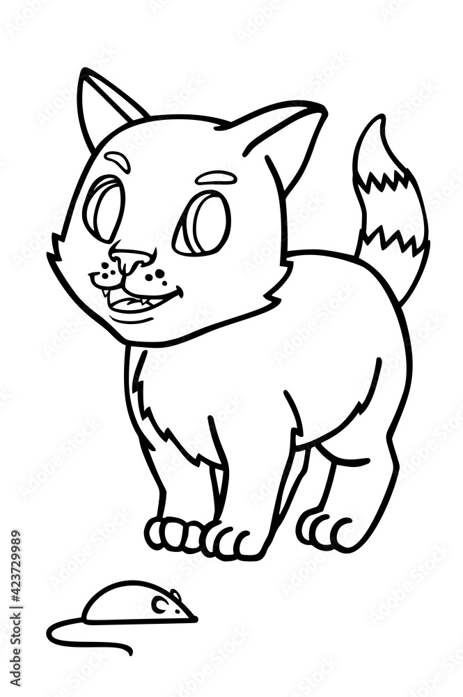 Vector cute kitten. Line art coloring book, black and white drawing illustration