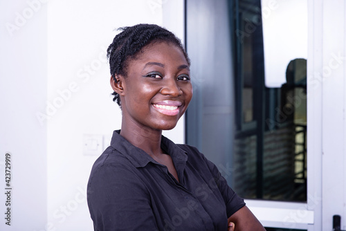 young businesswoman smiling at office.