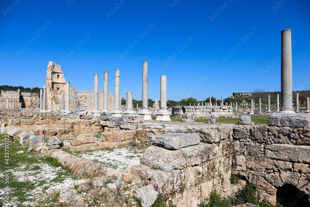 Fototapeta premium View of agora (central public space) in ancient city Perge, near Antalya, Turkey