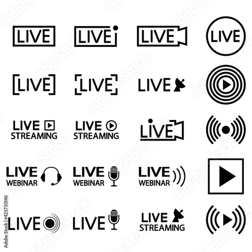Set of live streaming icons. Black outline symbols and buttons of live streaming, broadcasting, online stream, online webinar. Lower third template for tv, shows, movies and live performances photo
