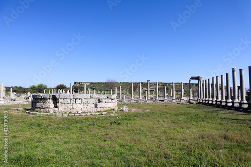 View of agora (central public space) in ancient city Perge, near Antalya, Turkey