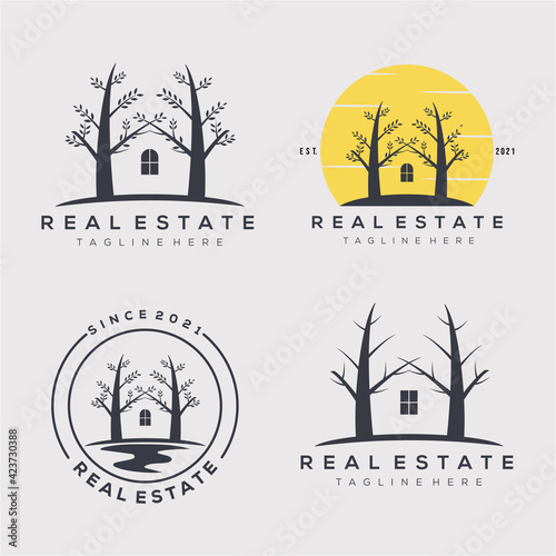 set of real estate or collection of tree house  logo  vector illustration design. house, tree, home, cottage, lodge bundle logo concept