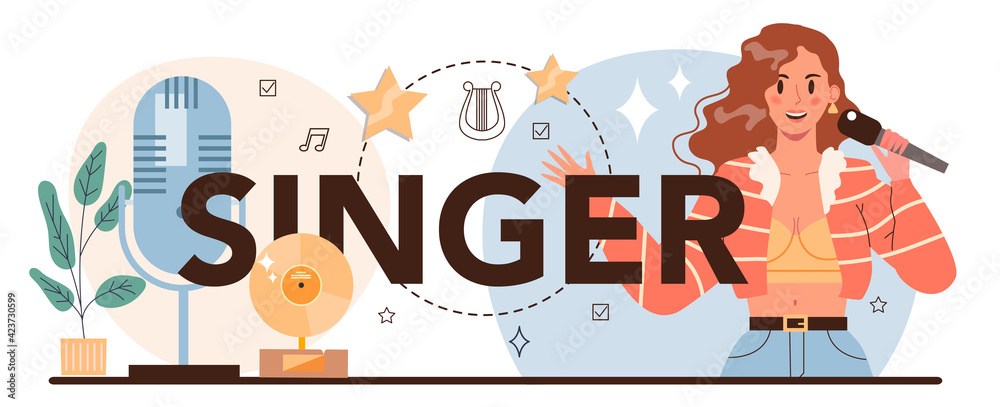 Singer typographic header. Performer singing with microphone Singer typographic header. Performer singing with microphone