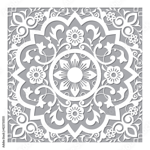 Moroccan retro carved mandala inspired design, vector arabic pattern with flowers, leaves and swirls
