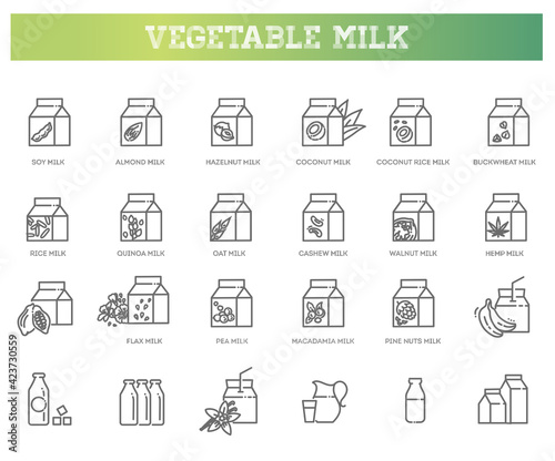 Alternative milk, vegan milk, vegetable milk simple thin line icon set vector illustration. Contains icons : soya, coconut, almond, walnut, cashew, rice, oat, hazelnut milk.