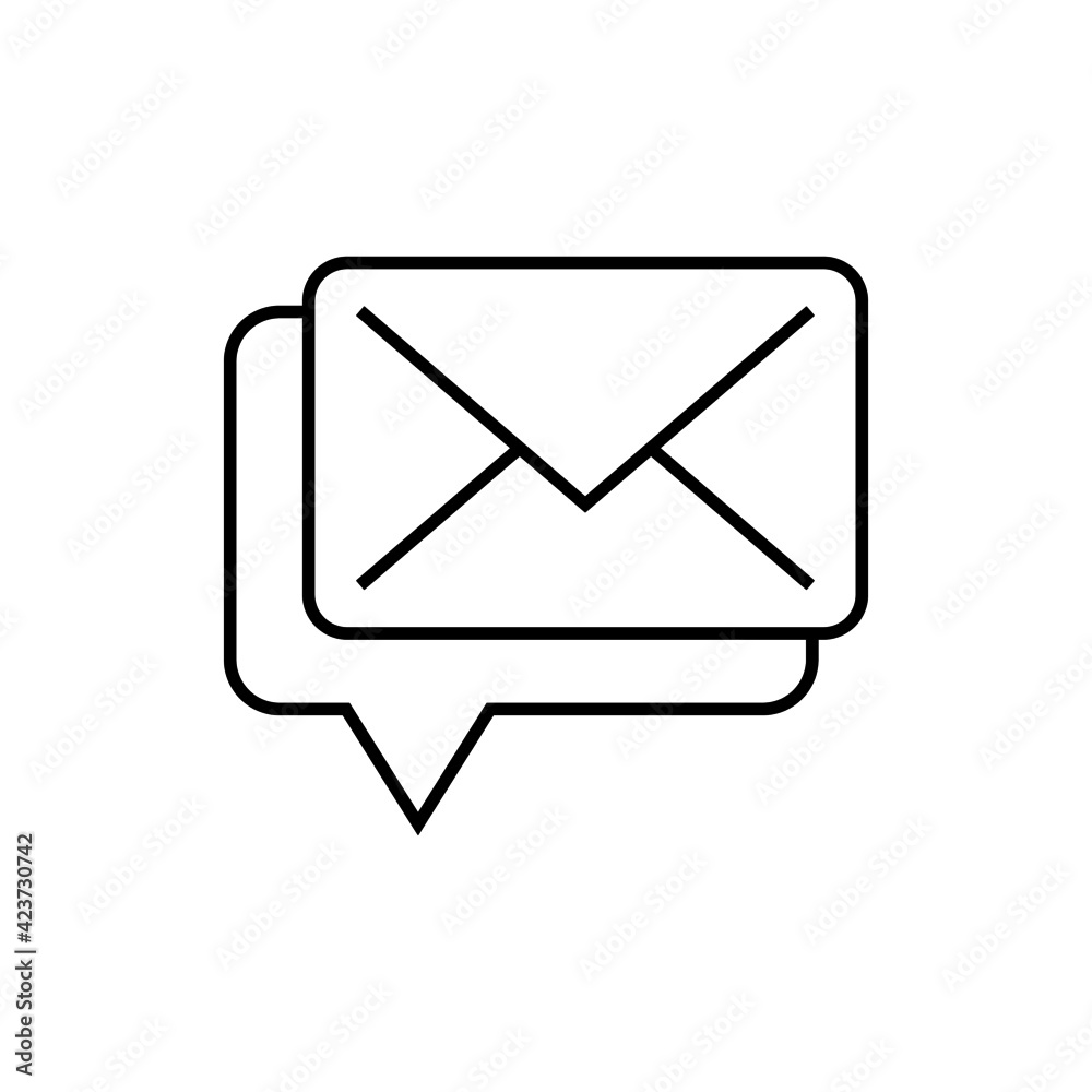 Chat bubble mail icon in flat black line style, isolated on white background Chat bubble mail icon in flat black line style, isolated on white background