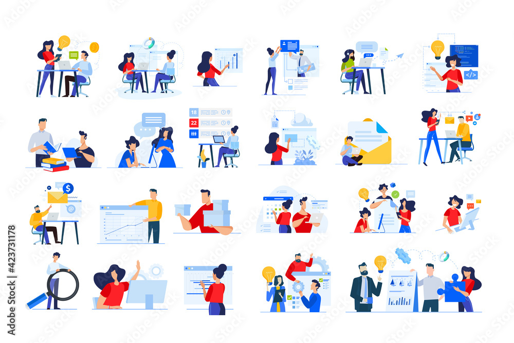 Set of modern flat design people icons of distance education, web development, cloud computing, project development, task management, online marketing, technology, technical support, startup, business