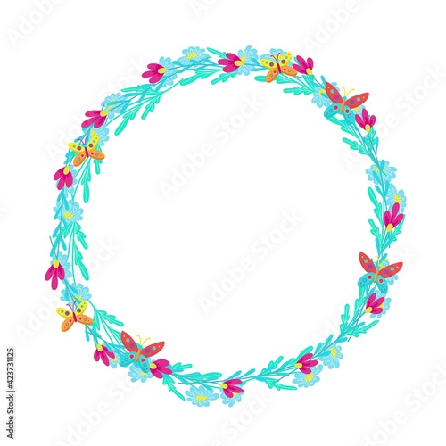 Round frame of daisies decorated with butterflies, vector floral arrangement with spring flowers, cartoon style, hand draw.
