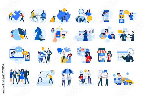 Set of modern flat design people icons of finance and banking, business strategy and planning, ecommerce and delivery, vodeo calling, online meeting, teamwork, digital marketing, consulting, startup