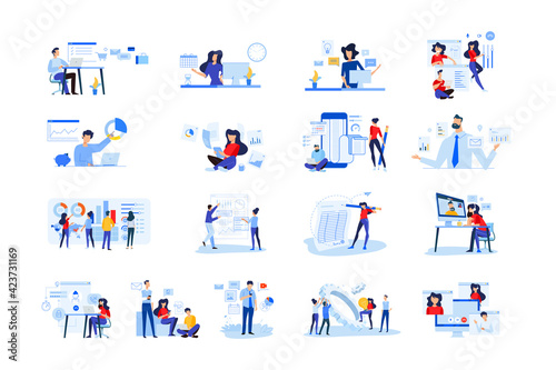 Set of modern flat design people icons  of business analytics and planning, video and conference call, business app, seo, market research, online support, accounting, data analysis, teamwork. © PureSolution