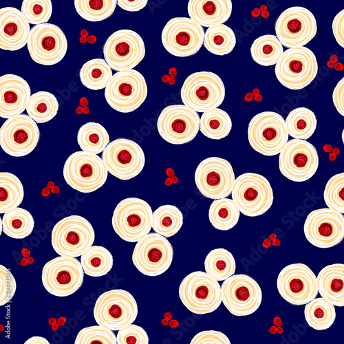 Painted floral seamless pattern. Hand drawn oil acrylic paint white red simple flowers on a blue background. Seamless surface pattern design tile for fabric, fashion, wallpaper, packaging.