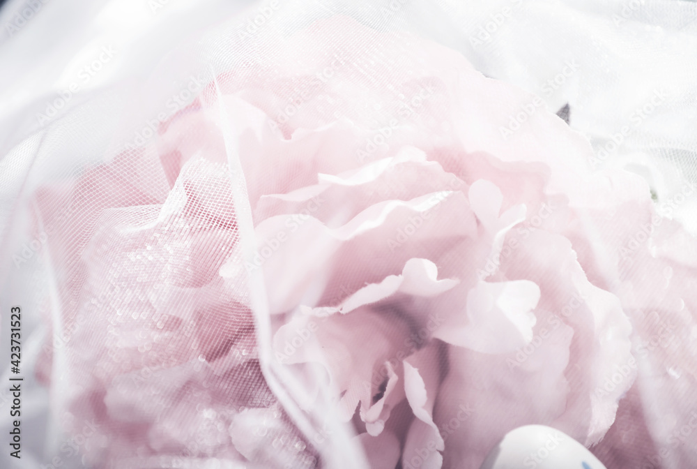 Naklejka Tender pink peony behind veil. Modern floral aesthetic, pink trendy tone.