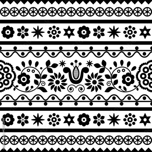 Polish folk art vector seamless embroidery retro pattern with flowers inspired by embroidery designs Lachy Sadeckie - black and white textile or fabric print ornament 