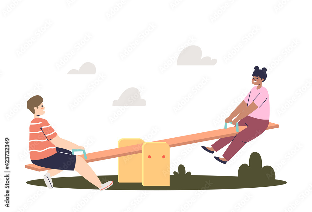 Kids on seesaw. Cute boy and girl on playground having fun together in seesaw