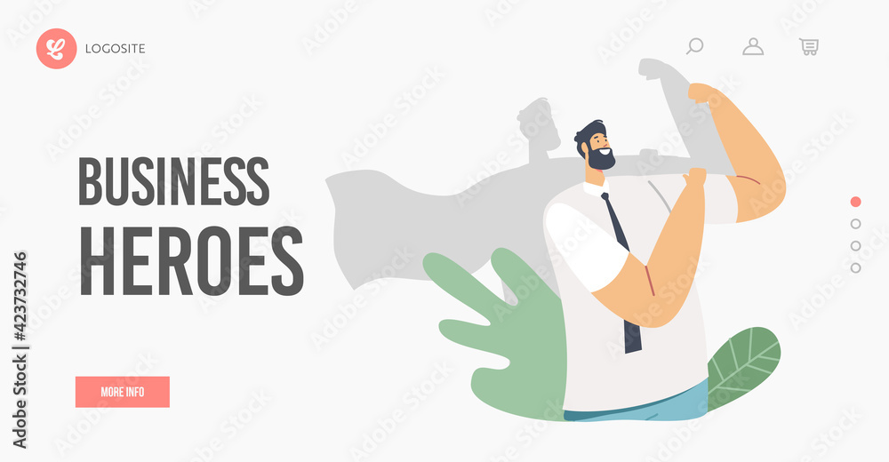 Business Heroes Landing Page Template. Businessman Character Demonstrate Muscles with Shadow in Superhero Cloak - obrazy, fototapety, plakaty 