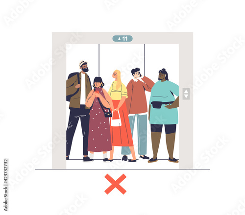 Crowd in elevator during covid-19 epidemic. Overcrowded with people in lift not keeping social distance