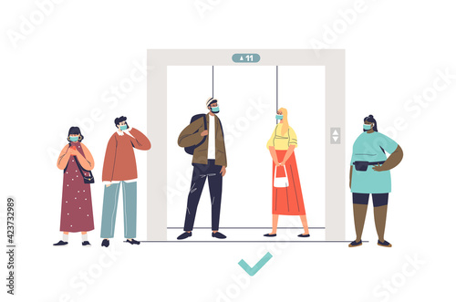 People keep social distance waiting for elevator. Cartoon character in medical masks near lift