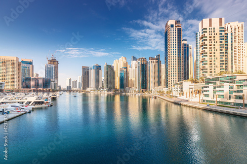 Panoramic citiscape view of the neighborhood of the Dubai Marina area with skyscrapers where residences and hotels are located