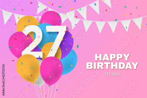 Happy 27th birthday balloons greeting card background. 27 years anniversary. 27th celebrating with confetti. Illustration stock photo