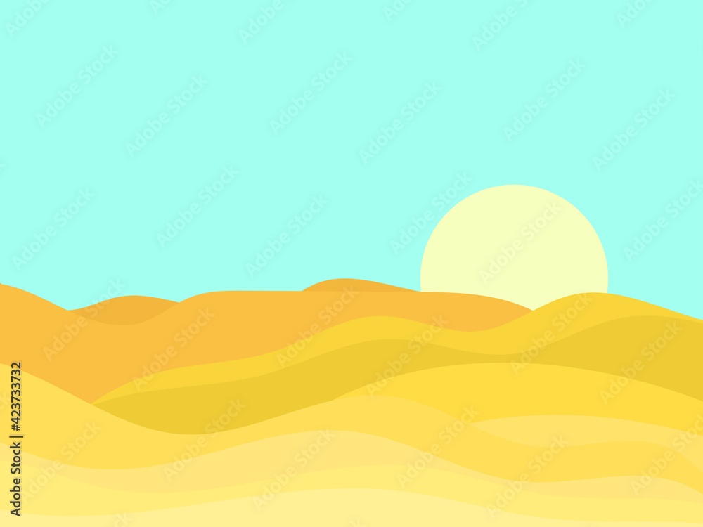 Desert landscape with dunes in a minimalist style. Yellow sun flat design. Boho decor for prints, posters and interior design. Mid Century modern decor. Vector illustration