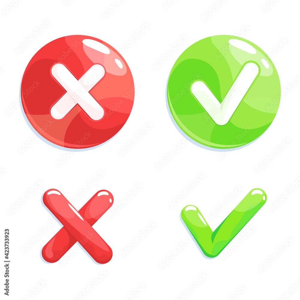 Yes and No symbols, confirmation or cancellation, check box list icons set. Green check mark and red cross, isolated on white background. Vector illustration. Yes and No symbols, confirmation or cancellation, check box list icons set. Green check mark and red cross, isolated on white background. Vector illustration.