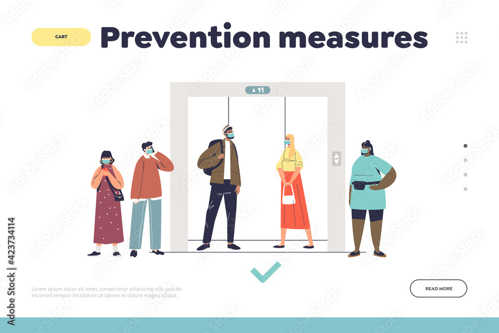 Fototapeta premium Covid-19 prevention measures landing page with people keep social distance waiting for elevator