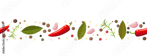 Seamless horizontal composition of spices and seasoning, template element for packaging design. Vector illustration flat icon border set on white background.