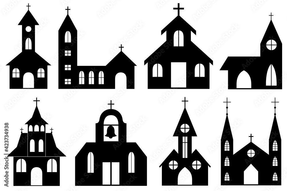 Set of different orthodox and catholic curches isolated on white