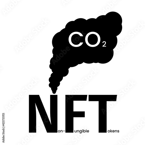 NFT icon emits large amounts of CO2. The concept of an environmental disaster associated with Non-Fungible Tokens. Smoke. Black on white background. Isolated. Vector