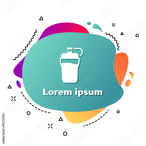 White Fitness shaker icon isolated on white background. Sports shaker bottle with lid for water and protein cocktails. Abstract banner with liquid shapes. Vector