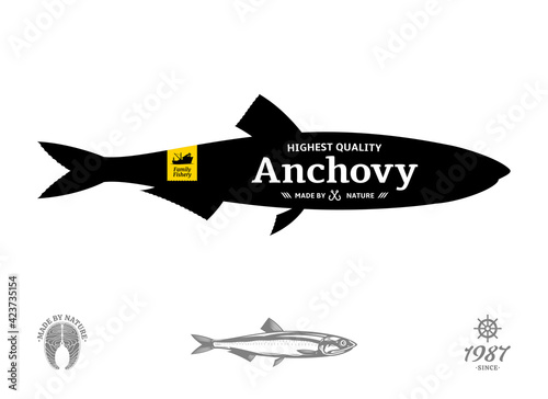 Vector anchovy seafood label isolated on a white background