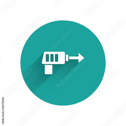 White Fishing harpoon icon isolated with long shadow. Fishery manufacturers for catching fish under water. Diving underwater equipment. Green circle button. Vector