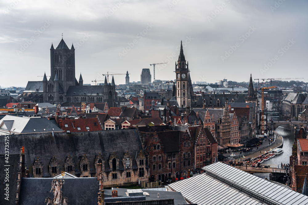 Panoramic view of Ghent during rain, Belgium.