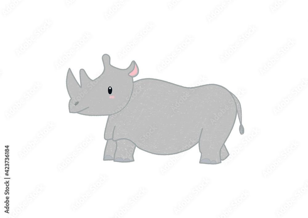 Cute rhino cartoon clip art. Hand drawn chalk texture rhino.