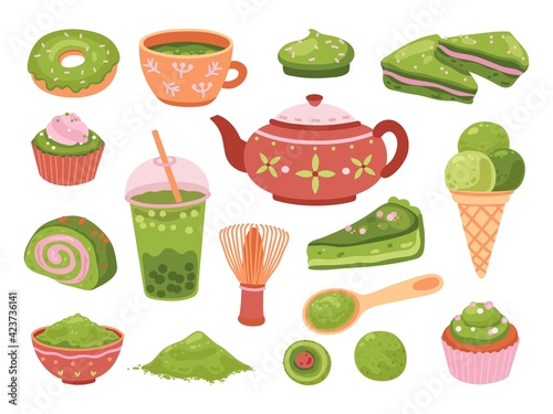 Matcha tea. Healthy dessert, isolated tasty iced latte. Organic green leaf asian beverage, smoothies, japanese culture meal exact vector set