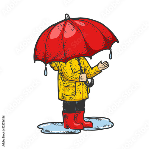 Child under huge umbrella is hiding from the rain color sketch engraving vector illustration. T-shirt apparel print design. Scratch board imitation. Black and white hand drawn image.