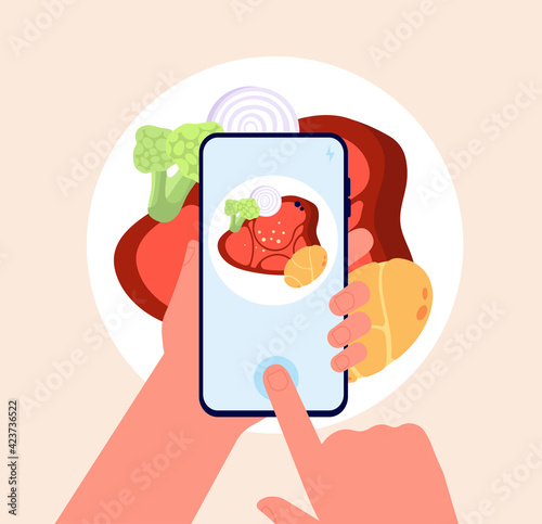 Phone food photo. Taking mobile photos, hands hold smartphone and doing dish picture. Cartoon photography, culinary blogging utter vector concept