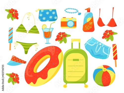 Large summer set of holiday items, swimsuit, cocktail, suitcase, camera, beautician, vacation at sea, set of summer things, vector illustration in flat style, cartoon. Vector illustration.