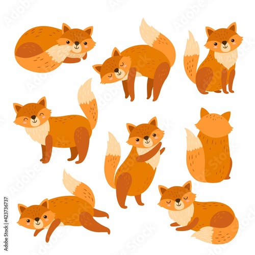 Fox characters. Cute cartoon red foxes, funny animal running standing or sitting. Isolated forest wildlife, foxy with orange tail exact vector set