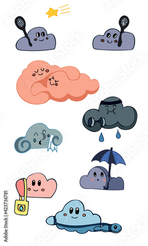 Cute cloud cartoon characters. Clouds doing people things; playing badminton with star, clouds hugging, cloud with weights, sneezing cloud, cloud with umbrella, cloud walking cloud and shopping cloud.