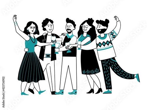 Happy people drinking. Friends party, cocktail drinks in people hands. Students friendship, cartoon persons clinking glasses decent vector concept
