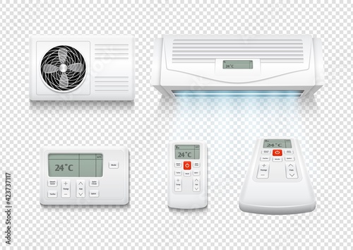 Realistic air conditioner. Conditioners wave, summer home airing technology. Climate control, hot cool weather at office or apartment vector elements