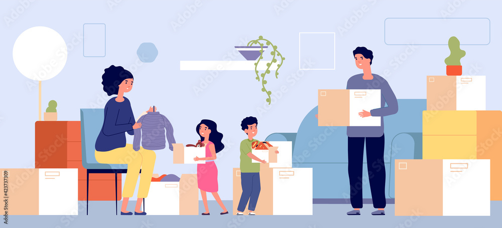 Family moving. People crowd house, relocation man woman and children. Cartoon group in new home, person with box and clothes utter vector concept