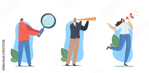 Set Hiring, Recruiting, Head Hunting Concept. Hr Agent Characters with Glass and Loudspeaker Search Employee Hire on Job
