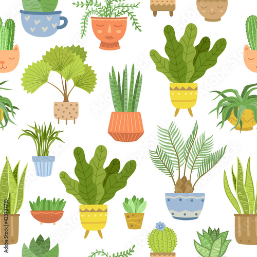 House plant pattern. Interior plants background, abstract scandinavian potted flowers. Succulent and cacti, urban jungle exact vector seamless texture