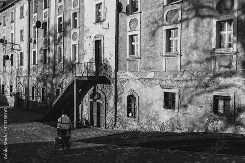 black and white photo of the old city flats at sunny day photo