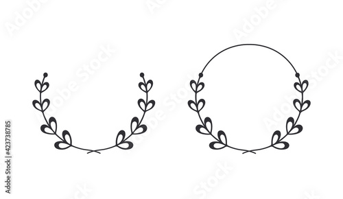 Frame template. Wreath. Round frame with vine. Hand drawn floral wreaths. Vector hand drawn design element. Wreath with heart. Leaf wreath. Logo template. Plant frame. Flowers frame. Round border. 